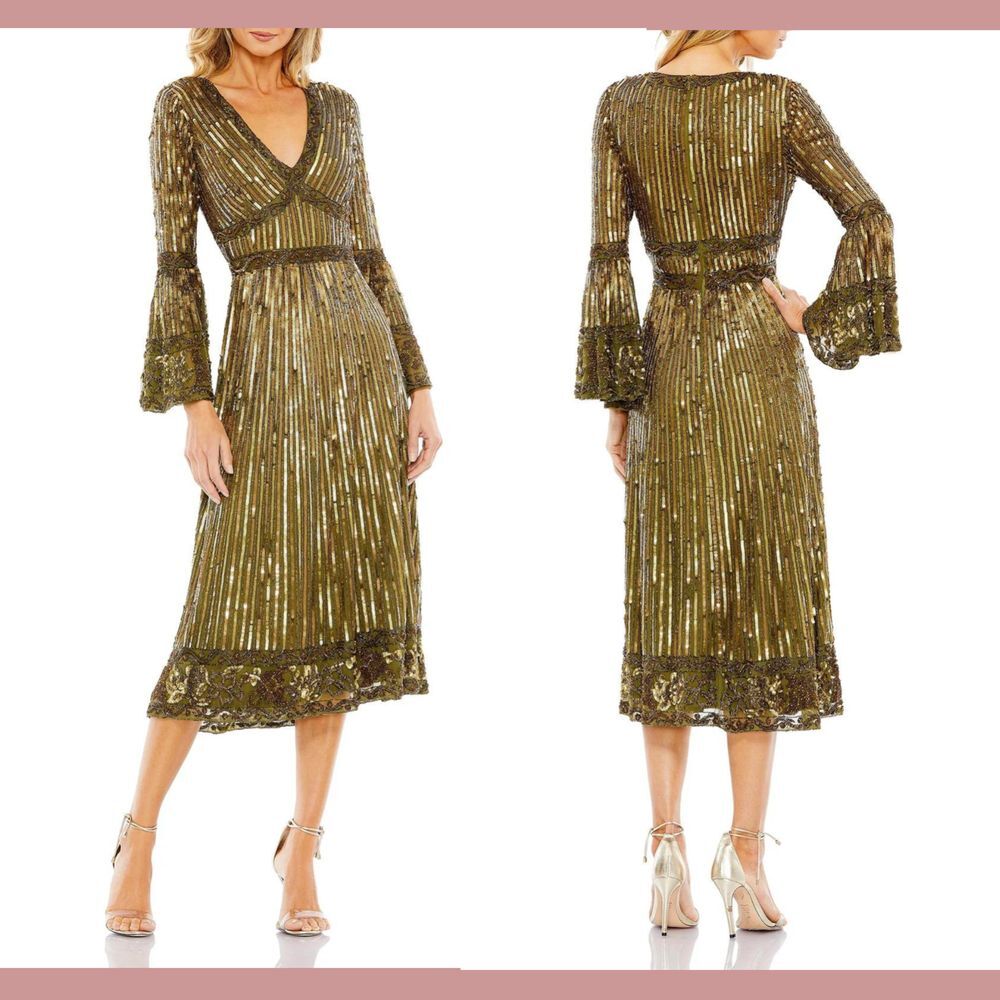 NWT Mac Duggal [ 4 ] 5591 Embellished 3/4 Sleeve V-Neck A Line Dress Olive Green